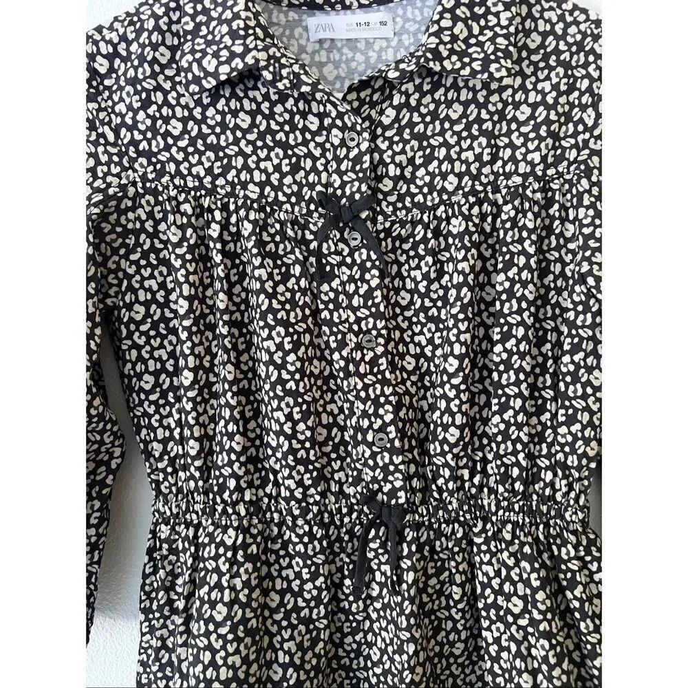Zara Girl Black /Cream Dress Elastic waist bow front size 11-12 Y